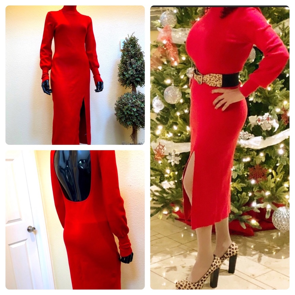 Backless Sweater Dress Red turtleneck long sleeve dress❤️